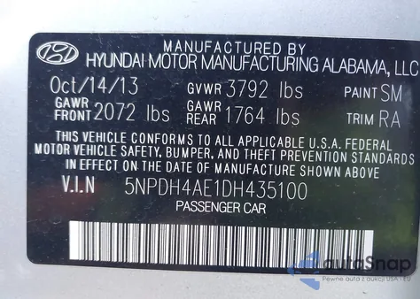 2013 Hyundai Elantra Gls from USA, damaged, VIN 5NPDH4AE1DH435100